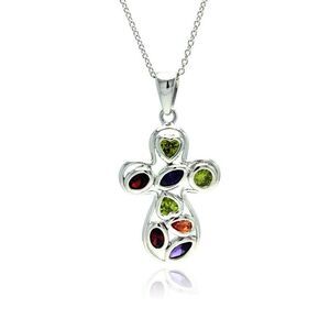 Sterling Silver 925 Whimsical Gemstone Cross Pendant - Spiritual Christian